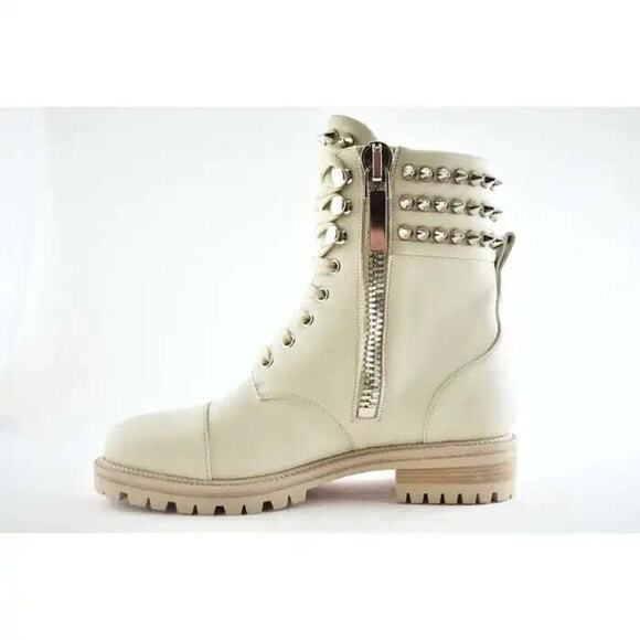 Christian Louboutin Winter Spikes Flat White Calf Leather Combat Ankle Boot 38 - Picture 8 of 9